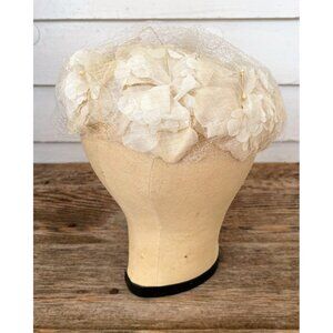 Vintage 1960s White Organza Flower Millinery Netting Pill Box Hat